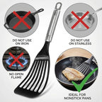 KSENDALO Thin Flexible Nylon Fish Spatula for Nonstick Cookware Fish Spatula Egg Flipper Hollow Steel Handle, LFGB Certified Nylon Thin Blade Sturdy Hollow Handle Dishwasher Safe- Silver/Black