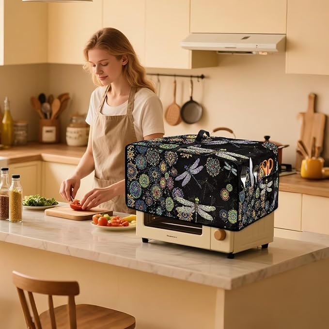Boho Mandala Dragonfly Print Toaster Oven Cover Dust-Proof Microwave Oven Cloth Cover with Storage Pockets Waterproof Kitchen Machine Covers Case Protections Protector, M