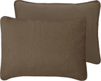 Easy-Going Full/Queen Size Reversible Quilt Set with 1 Quilt and 2 Pillow Shams, Soft Bed Quilt Cover, Water Resistant Lightweight Microfiber Bedspread, Stain Resistant, Olive Leaf-Camel/Ivory