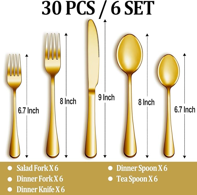 30 Pcs Gold Silverware Set Service for 6, Premium Stainless Steel Flatware Set, Cutlery Utensil Set, Durable Home Kitchen Eating Tableware Set, Include Fork Knife Spoon Set, Dishwasher Safe