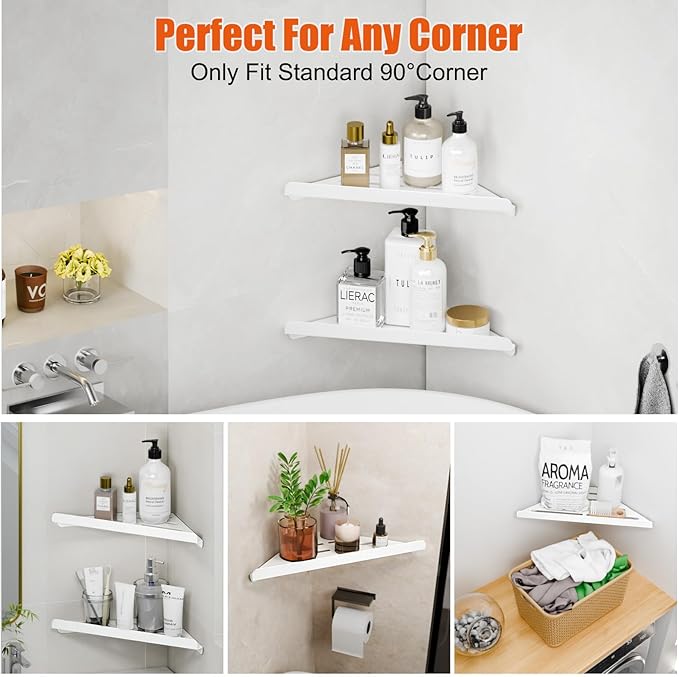 Fikoksol Shower Caddy, 2 Pack Bathroom Corner Shelf, Triangle Shelf Storage for Bathroom Shower, White Metal Shower Shelf & Rustproof Wall Mounted Adheisve Glue Organizer Accessories and Essentials