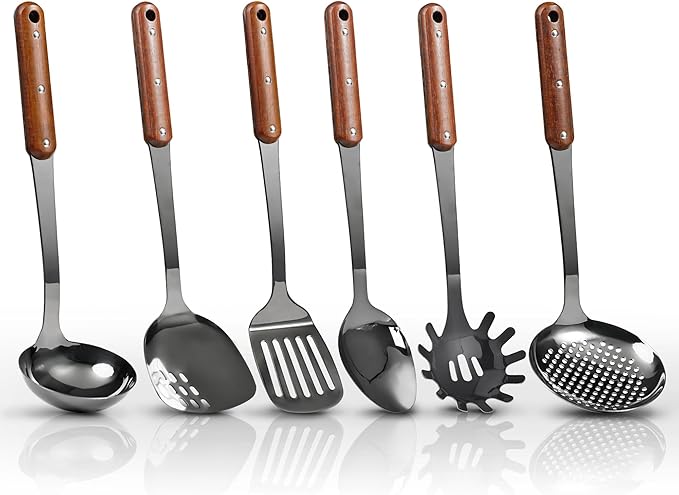 Stainless Steel Mirror Polished Kitchen Utensils Set - 6pcs Cooking Utensils Set with Wooden Handle, Heat Resistant Kitchen Tool Set for Cooking with Turners,Spatula,Ladle,Skimmer,Solid Spoon,Pasta