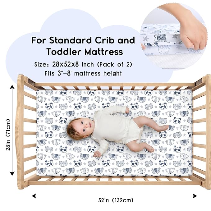 Yoofoss Baby Crib Sheets for Boys Girls, Fitted Crib Sheet 2 Pack for Standard Crib and Toddler Mattress, Super Soft Microfiber Baby Sheet 28x52x8in(Panda)