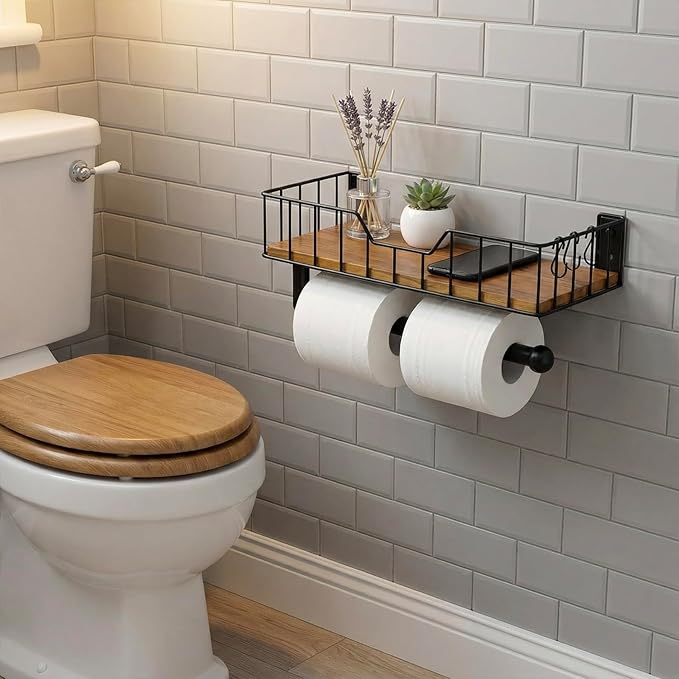 MyGift Wall-Mounted Matte Black Metal Paper Towel Holder with Premium Acacia Wood Shelf and 3 Hanging Hooks