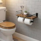 MyGift Wall-Mounted Matte Black Metal Paper Towel Holder with Premium Acacia Wood Shelf and 3 Hanging Hooks