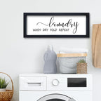Laundry Room Wall Decor Sign 16"×6" Bathroom Laundry Rules Wash Dry Fold Repeat Small Wood Framed Wall Hanging Art (Black)