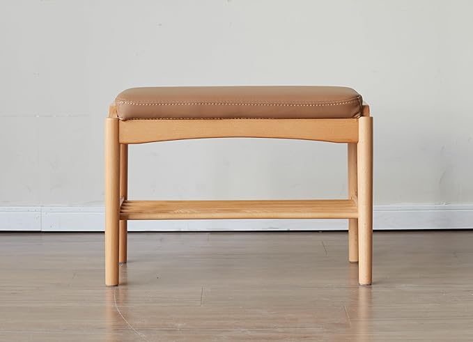 Solid Wood Shoe Bench Assembled, Shoe Rack Bench with Silicone Leather Cushion for Entryway, Living Room, Bedroom, Hallway, 11.8" x 23.6" x 16.5", Natural