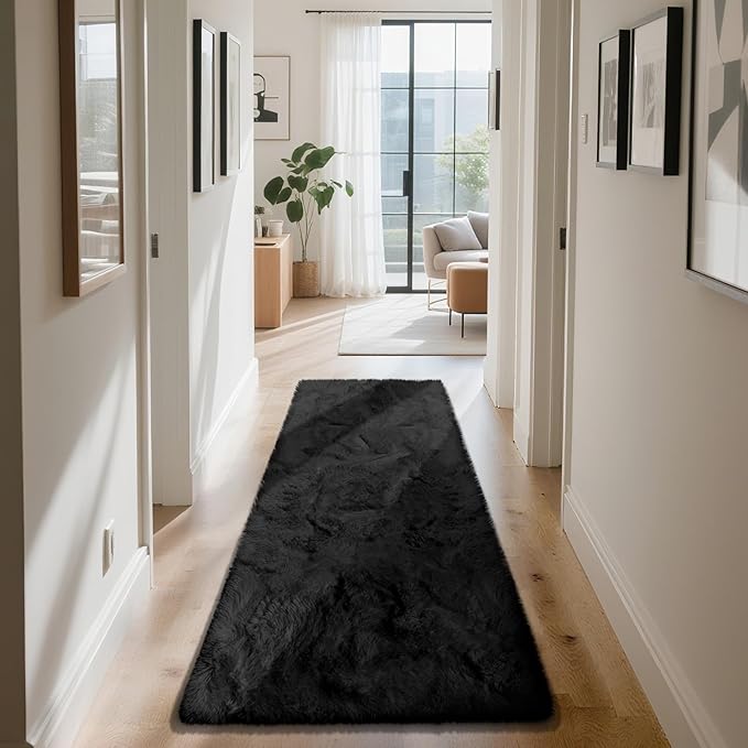 Soft Runner Rugs for Bedroom, Black 2x6 Area Rugs Fluffy Rug Shaggy Area Rug Carpet, Bedside Rug for Living Room Bedroom Kids Room Home Decor
