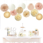 Champagne-Gold White Party-Decorations Paper-Flowers Lanterns - 15PCS Boho Fall Rustic Tissue Pom Poms Streamers,Wedding Baby Bridal Shower Neutral Autumn Birthday Hanging Supplies Decor Hugfond