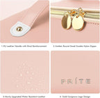 Prite Makeup Bag for Women Travel Waterproof Vegan Leather Cosmetic Bag Open Flat Toiletry Bag With Clear Divider and Handle (Pink, Large Pro)
