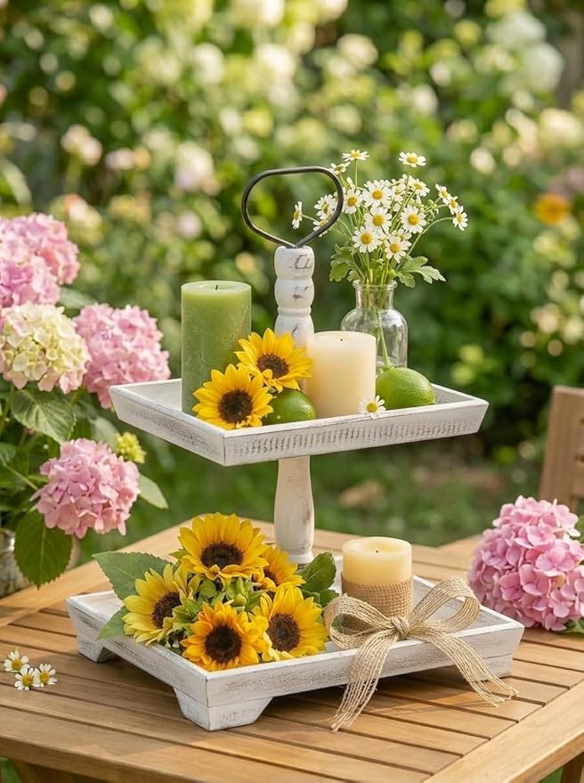 Hanobe Tiered Tray for Table Decor: 2 Tier 4th of July Decorative Tray Stand for Coffee Bar - Summer Farmhouse Rectangle Wood Display for Kitchen Counter, Rustic White