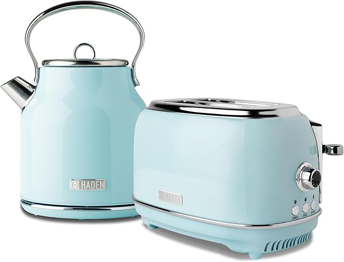 Haden Heritage 1.7 Liter Stainless Steel Electric Tea Kettle with Heritage 2 Slice Wide Slot Stainless Steel Bread Toaster, Turquoise