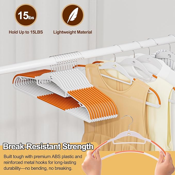 Plastic Hangers 50 Pack, Stackable Slim Space Saving Hangers with Non-Slip Pads, 360° Swivel Hook, Cascading Strip for Vertical Storage, Closet Organizer for Shirt, Suit, Skirt, Coat - Orange