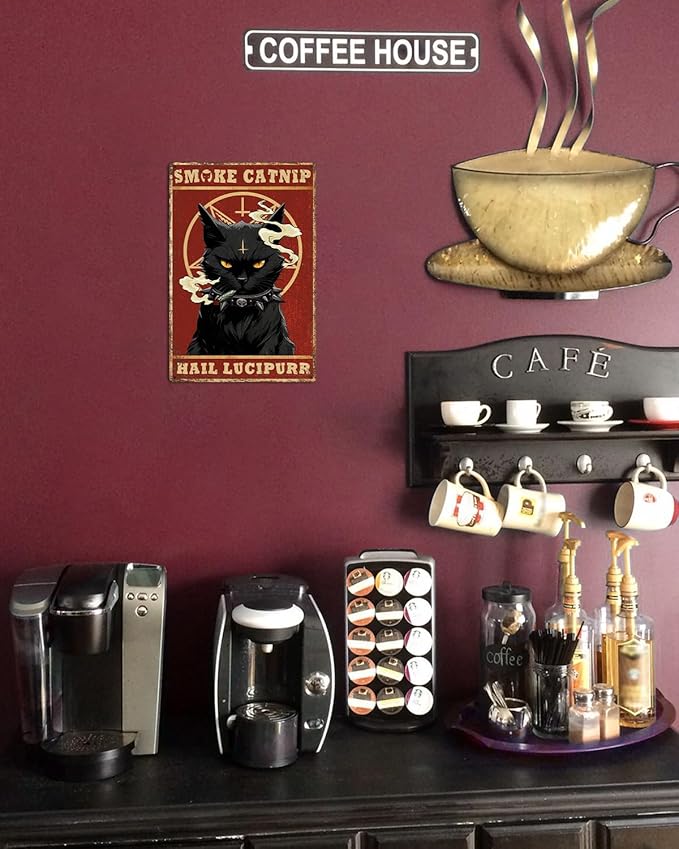 ALKB Funny Black Cat Metal Sign Retro Cat Metal Poster - Black Cat Gifts Bedroom Kitchen Wall Decor 8 x 12 Inch