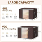 BALEINE 4 Pack Clothes Storage Bags, 16 Gallon Storage Containers with Reinforced Handle, Sturdy Zipper, Closet Organizer for Blanket, Comforter, Pillow, Bedding (Brown, 4 Pack)