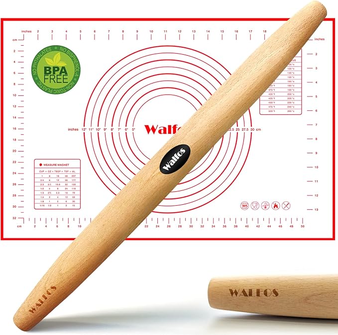 WALFOS French Rolling Pin and Silicone Baking Mat Set, Non-Stick Beech Wood Rolling Pin 15.7 Inch and Pastry Mat for Best Pie Crust, Cookie, Pasta and Pizza Dough