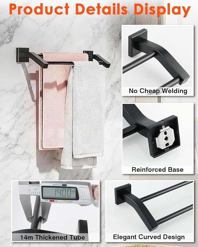 Alise Bath Double Towel Bars, 16 Inch Towel Holder Towel Racks for Bathroom Lavatory,SUS304 Stainless Steel Towel Hanger Towel Rail Wall Mount,Matte Black