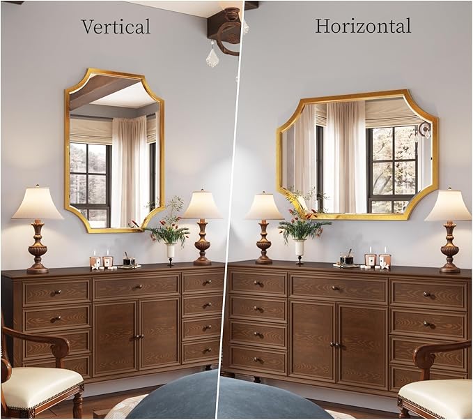 Kelly Miller 30"x40" Large Gold Bathroom Mirror for Wall, Gold Scalloped Vanity Mirror Bevelled Framed Decorative Mirror for Master Bath Half Bath Entrance Hallway Bedroom Living Room Fireplace Mantle