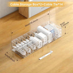 FRETONBA 2 Pack Cable Storage Organizer Box with 8 Compartments and 14 Wire Ties, Stackable Charger Organizer, Clear Cord organizer for Drawer, Adjustable Divider Cord Management Box