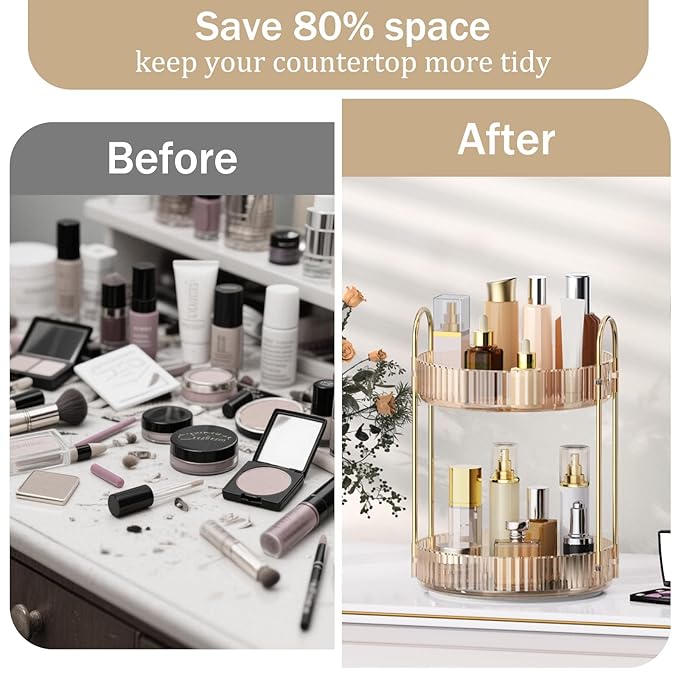 MOKANI 360 Rotating Makeup Organizer for Vanity, 2 Tier Adjustable Perfume Organizer for Dresser, Multi-Function Spinning Cosmetics Skincare Storage for Bedroom, Dresser, Countertop, Amber