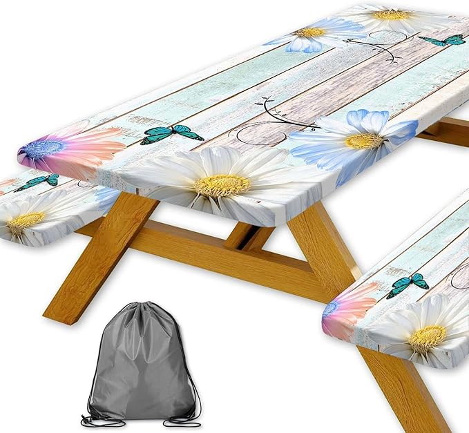 Rustic Daisy Flower Wooden Picnic Table Cover with Bench Covers, Farmhouse Flower Waterproof Wood Board Tablecloth for Patio Camping Outdoor Party Decorations with Drawstring Bag, 30X60in, 3PCS