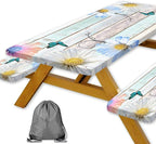 Rustic Daisy Flower Wooden Picnic Table Cover with Bench Covers, Farmhouse Flower Waterproof Wood Board Tablecloth for Patio Camping Outdoor Party Decorations with Drawstring Bag, 30X60in, 3PCS