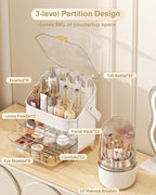 Makeup Organizer Countertop, Skincare Holder Bathroom Counter Organizer, Storage Box Cosmetic Display Cases, Teen Girl Gifts Make up Organizers (White/Brush)