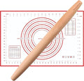 Muso Wood French Rolling Pin and Silicone Baking Mat Set, 15.75 Inch Beech Wood Tapered Rolling Pin for Fondant Pie Crust Cookie Pastry