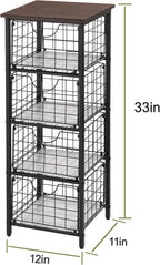 DINGTAI 5-Tier FreeStanding Storage Shelves with 4 Pull-Out Baskets,Bathroom Organizer Shelves Unit with WoodTop,Fruit Basket for Kitchen,Storage Tower Organizer Basket Cart for Bathroom，Black