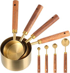 Stainless Steel Measuring Cups Set and Measuring Spoons Wooden Handle Metal Measure Cups and Spoons for Cooking and Baking, Gold, 8 Piece
