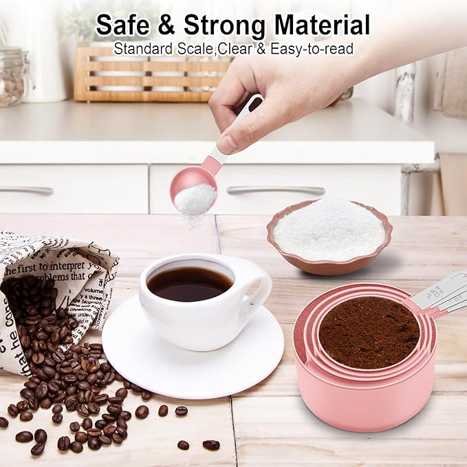 Measuring Cups and Spoons Set, 10 Pieces Nesting Measure Tools, Kitchen Essentials Gadgets with Stainless Steel Handle for Dry & Liquid Ingredient, Pink