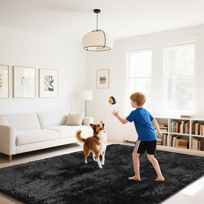 Fluffy Rug Shaggy Area Rug, Black 10x14 Area Rugs for Bedroom, Super Soft Shaggy Rugs for Living Room Bedroom Kids Room Home Decor, Upgrade Anti-Skid Rectangular Fuzzy Rug