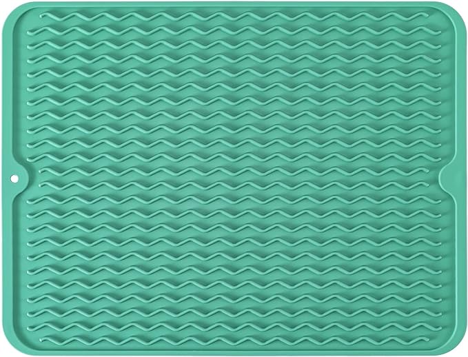 Large 14" x 11" Silicone Dish Drying Mat for Kitchen Counter, Easy clean, Quick Dry, Heat-resistant Dish Drainer Mat for Sink,Refrigerator or Drawer liner (Food Grade Silicone-Green)