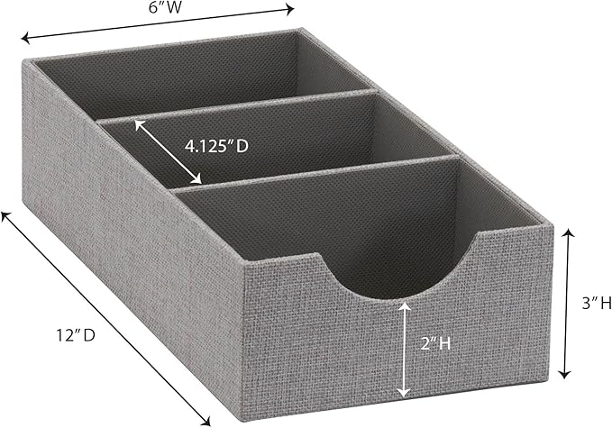 Household Essentials Grey 727-1 Deep 3 Section Drawer Organizer Box for Storage | 12 in x 6.13 in x 3.13