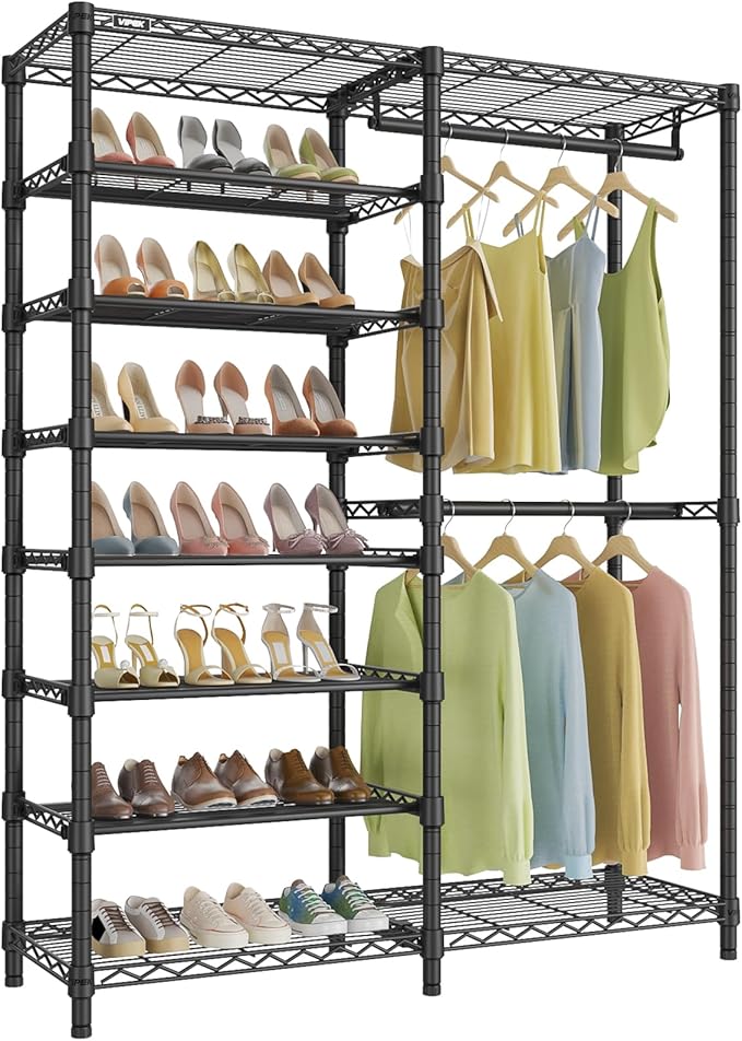 VIPEK S2 Heavy Duty Clothes Rack with Shoe Shelves Freestanding Clothing Rack with 8-Tier Shoe Rack, Double Hanging Rod, Adjustable Shelf, Walk in Closet Organizer Garment Rack, Black