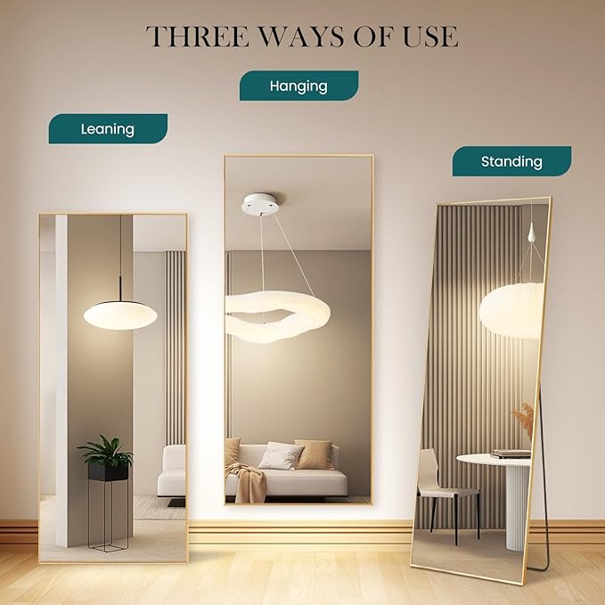 NEWBULIG 64"x21" Full Length Mirror, Full Body Floor Mirror with Aluminum Alloy Thin Frame, Wall or Standing Mirror for Bedroom, Living Room, Dressing Room, Gold-Rectangular