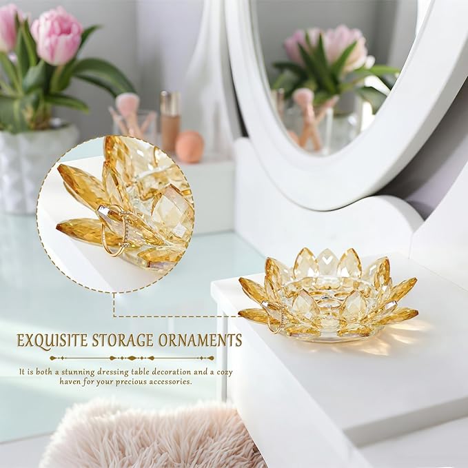 Crystal Flower Jewelry Tray, Luxury Transparent Decorative Trinket Dish for Rings, Earrings, Necklaces, Keys for Vanity Dresser Nightstand, Elegant Gift for Women Mother's Day (1, 6.3"(W)- Gold)