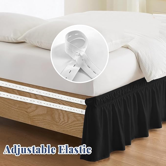 King Bed Skirt, Elastic Wrap Around Bed Skirt King Size, Bed Skirts for Adjustable Bed, Easy Fit with 14" Drop Length Tailored Drop Dust Ruffle (Black)