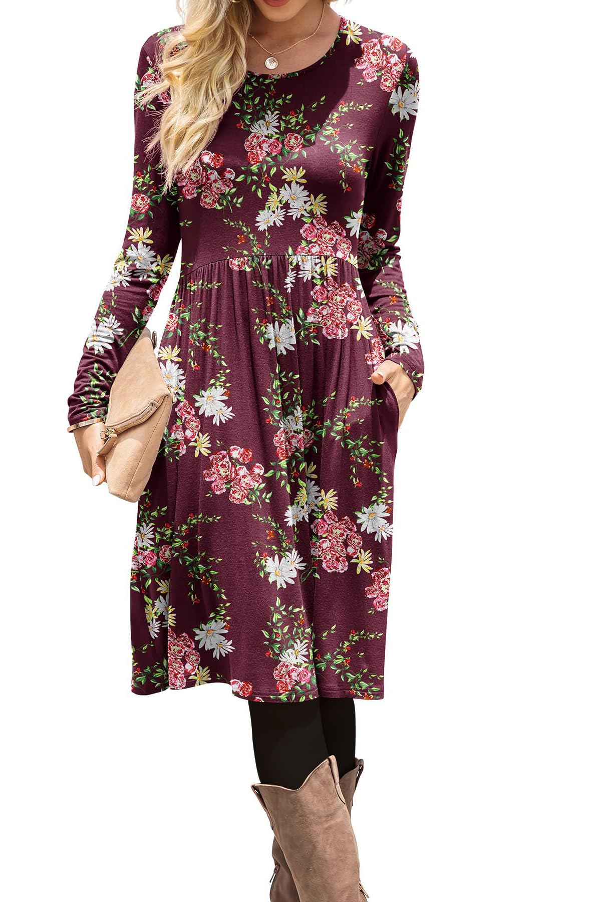 DB MOON Women Casual Long Sleeve Dresses Empire Waist Loose Dress with Pockets (Black, L)