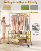 EAGMAK Heavy Duty Clothes Rack for Hanging Clothes Load 688 LBS, Height Adjustable Rolling Clothing Racks, Portable Metal Coat Rack Garment Wardrobe with Wheels and 3 Shelves for Bedroom, Gold