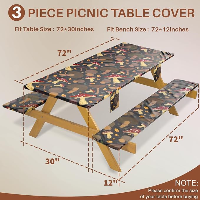 Picnic Table Cover with Bench Covers Fitted Waterproof Camping Tablecloth with Elastic for 6 Foot Rectangle Tables Outdoor Travel Rv Essentials Summer Vacation Accessories Gift for Men Women