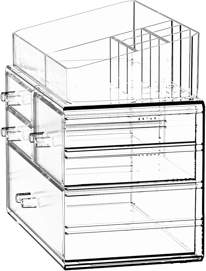 ZHIAI Stackable Storage Drawer, Acrylic Organizer, Cosmetic Organizer for Dresser, Vanity, Kitchen Cabinet, Bathroom, Under Sink, Home Organization and Storage (1 Top 3 Drawers)