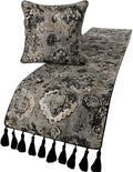 The HomeCentric Decorative Black & Grey CA King 86 x 18 inch Bed Runner with 2 Matching Pillow Cover, Velvet Damask with Tassels Bed Scarf, Abstract Modern - Paved Damask