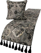 The HomeCentric Decorative Black & Grey CA King 86 x 18 inch Bed Runner with 2 Matching Pillow Cover, Velvet Damask with Tassels Bed Scarf, Abstract Modern - Paved Damask