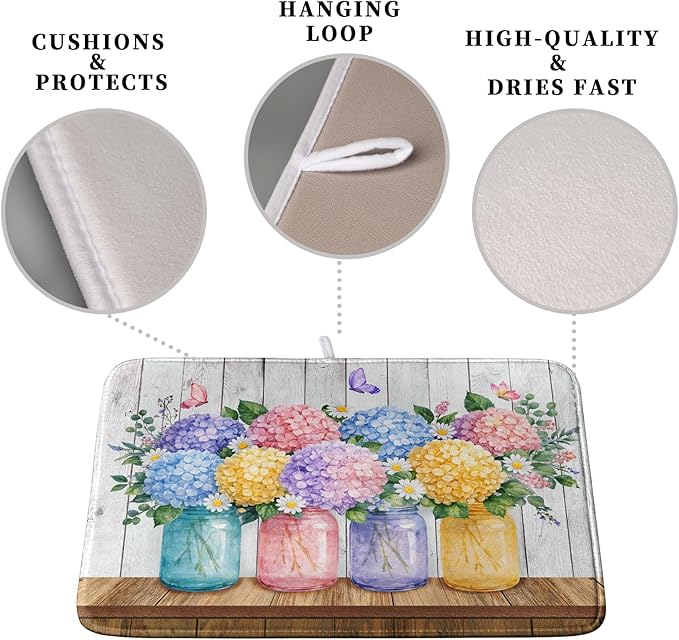 Hydrangea Dish Drying Mat for Kitchen Counter Spring Summer Floral Vases dish mat Microfiber Absorbent Dish Drainer Pad Rustic Farmhouse Floral Wooden Board Dish Draining Mats 18x24 Inch