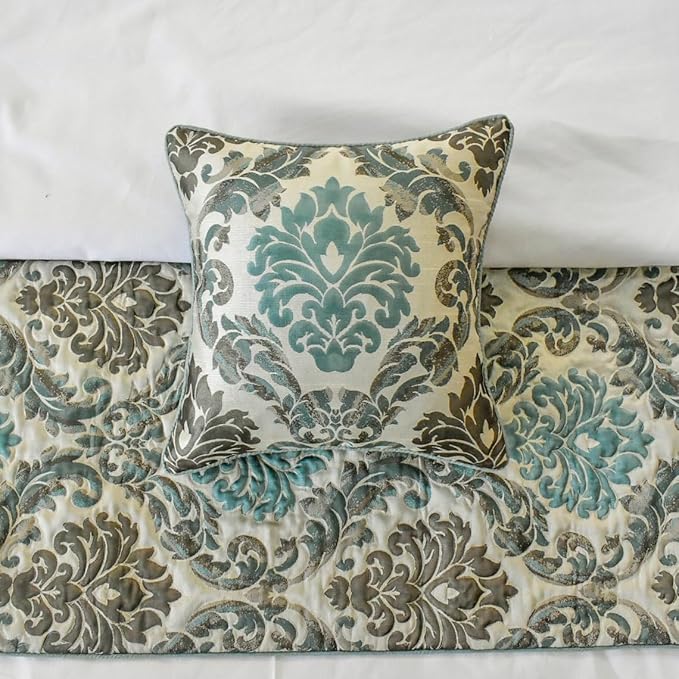 The HomeCentric King/Queen/Twin Blue Designer Twin 53"x18" Bed Runner with Pillow Cover, Damask Bed Scarf on Jacquard Fabric - Royal Elegance