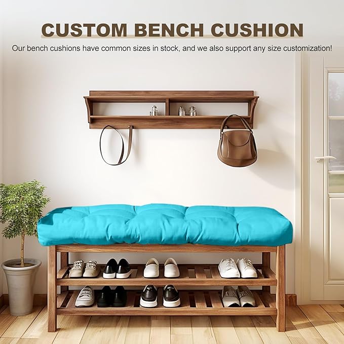 Bench Cushion 48 inches,Indoor/Outdoor Non-Slip Tufted Cushions, Premium Waterproof Linen, Soft Piano Sofa Cushions, Entryway Storage, Bay Window, High-Density Memory Foam(Light Blue-48x16x4in)