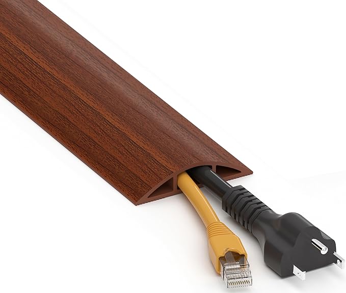 Floor Cord Cover 6ft, Brown Walnut Wood Cord Hider Floor Hide Extension Cords, Floor Cable Management Floor Cable Cover Wire Covers for Cords, Cable Protector Cord Cavity W0.6in x H0.32in