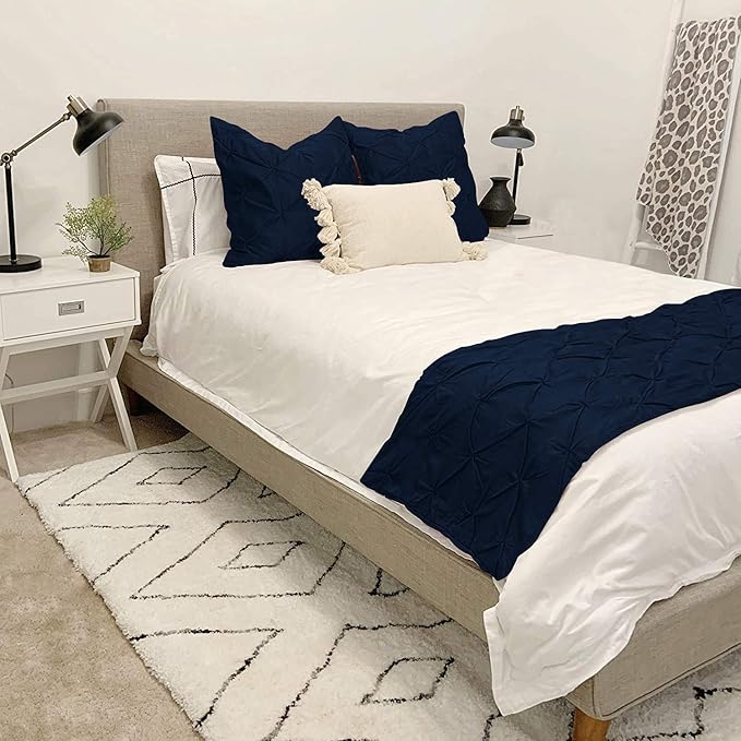 Bed Runner Set - 100% Pure Cotton 800 Thread Count - Luxury 1 Pinch Pleated Bed Runner and 2 Pillow Cover - 3 Piece Pinch Pleated Bed Runner Set California King, Navy Blue
