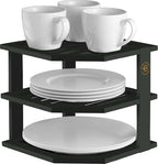 Black Plate Organizer for Cabinet - 3 Tier Bamboo Corner Cabinet Organizer Shelf for Plates Bowls Mugs Cups, Kitchen Cabinet Organizer, Cabinet Shelf Organizer, Countertop Rack, 10 x 10 x 9.5 Inch